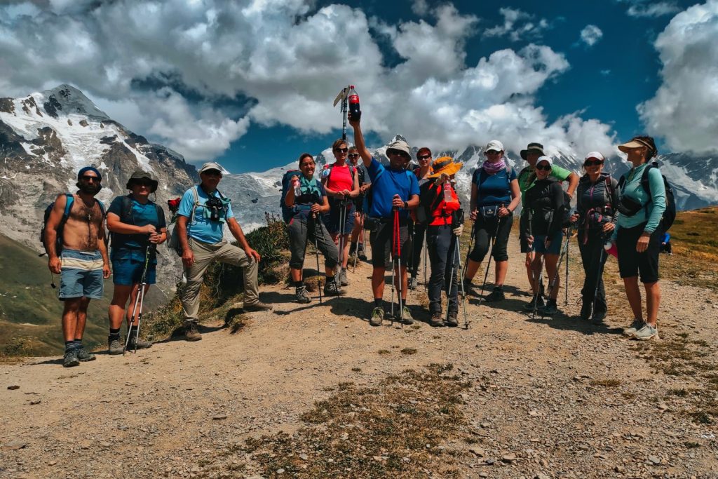 Trekking group on a mountain ridge in Svaneti, Georgia